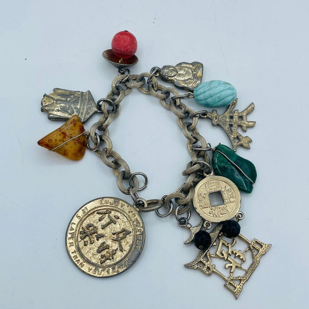 Vintage Asian Charm Bracelet Buddha Pagoda Coin Malachite Gemstone Brass Kitsch